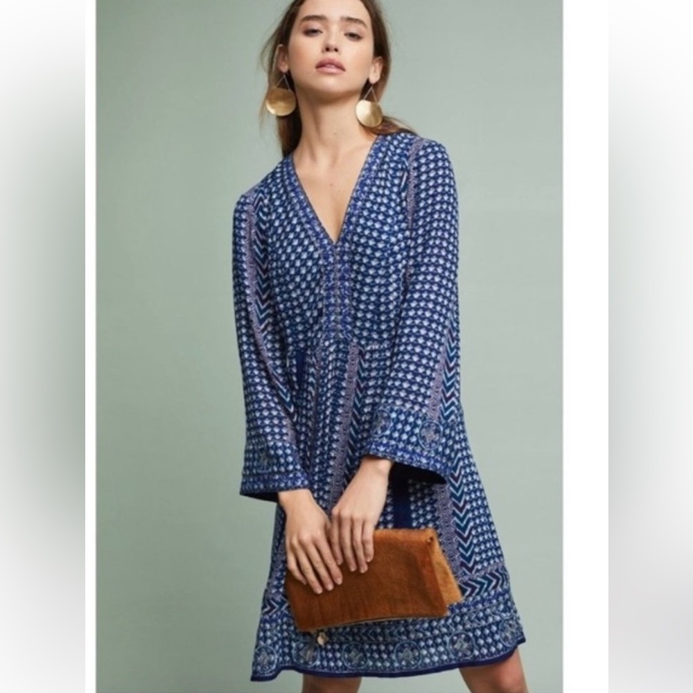 Anthropologie Blue and White Long Sleeve Dress